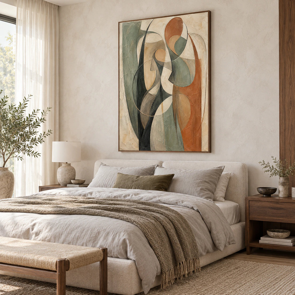 Verdigris-Arc bringing quiet structure to a softly lit bedroom.