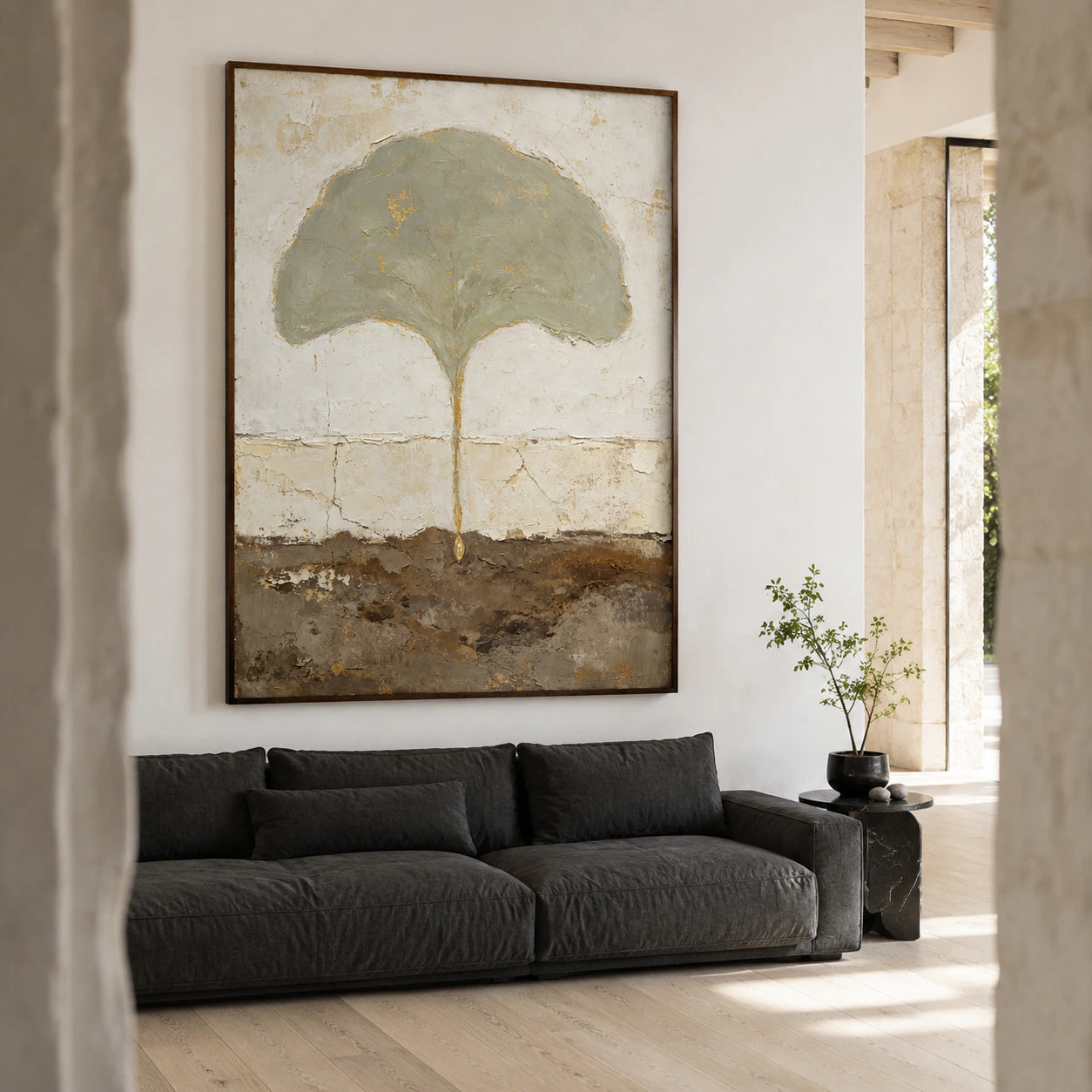 Verdigris-Canopy above a sculptural sofa in a bright, open living room.