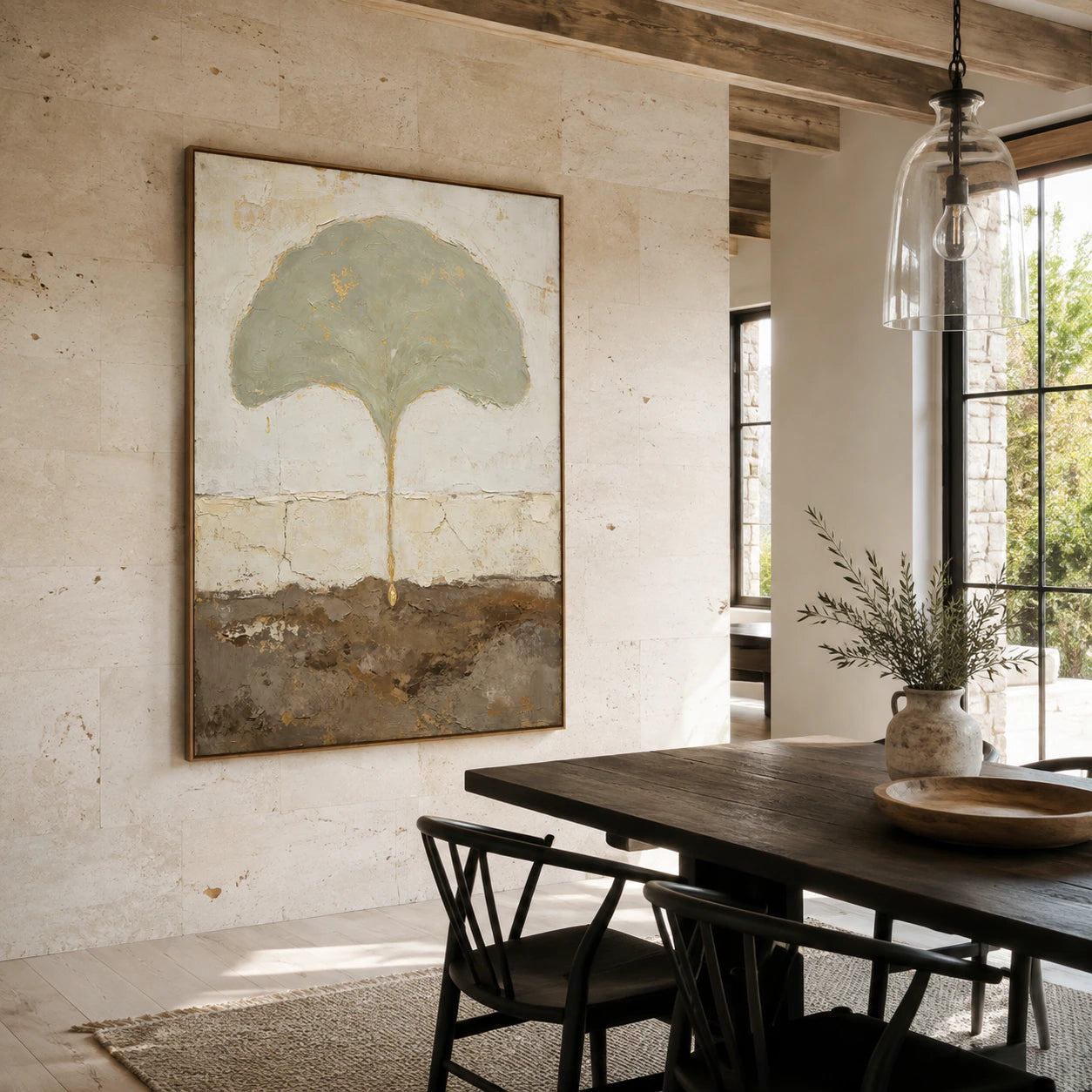 Verdigris-Canopy as a focal point in a refined daylight dining room.