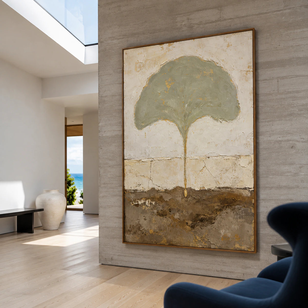 Verdigris-Canopy at gallery scale in a sunlit foyer.