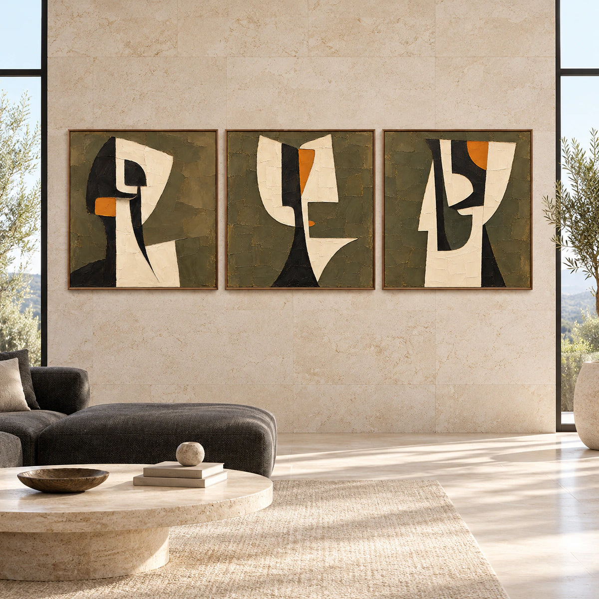 Verdigris-Ciphers triptych displayed straight-on at large scale in an open architectural interior