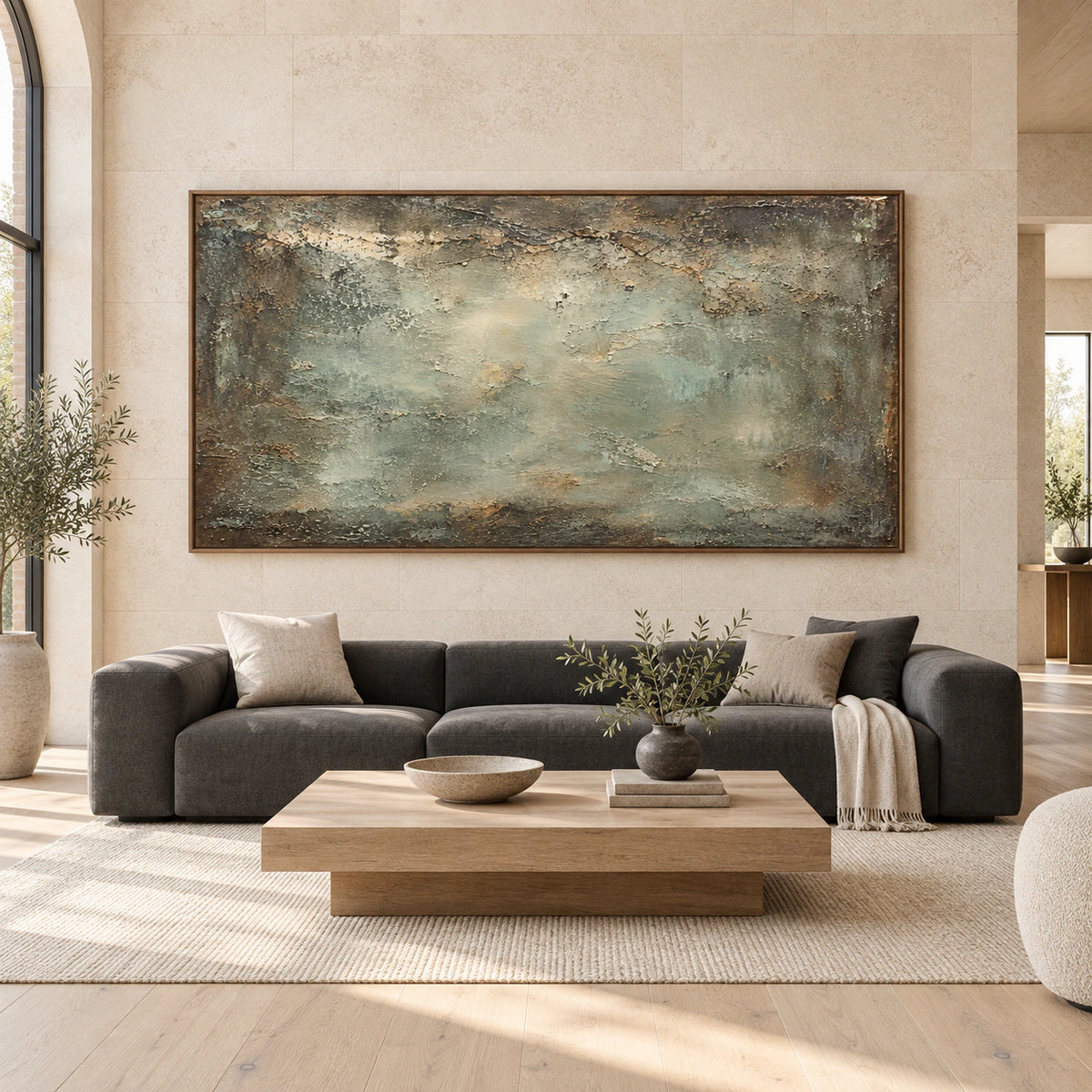 Large Verdigris-Drift painting shown straight-on in a bright, spacious architectural living room.