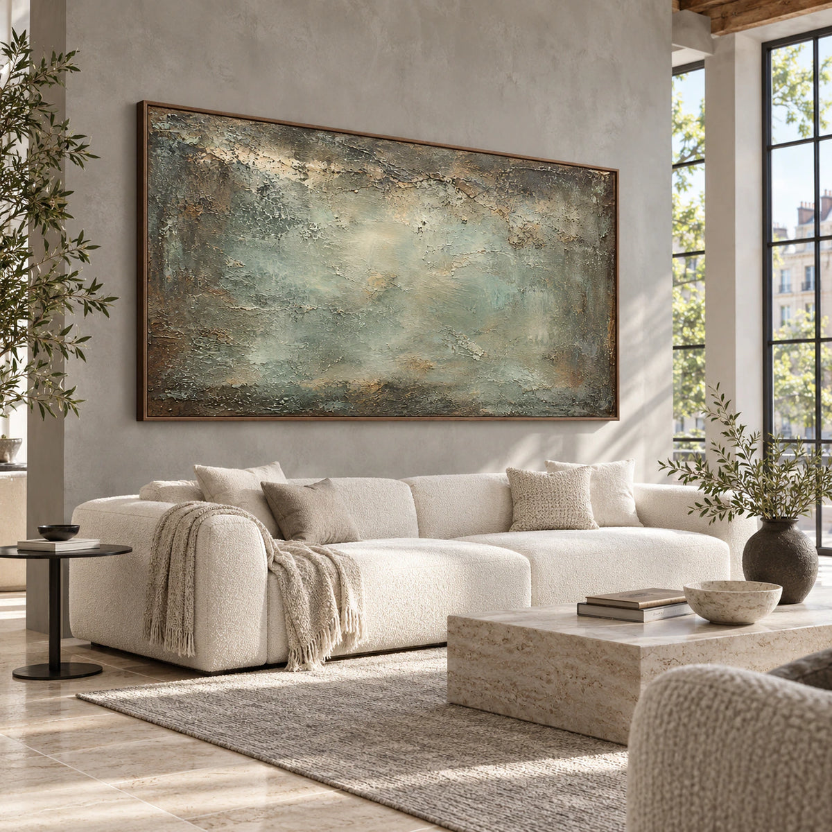 Verdigris-Drift as the focal artwork in a bright contemporary living room.