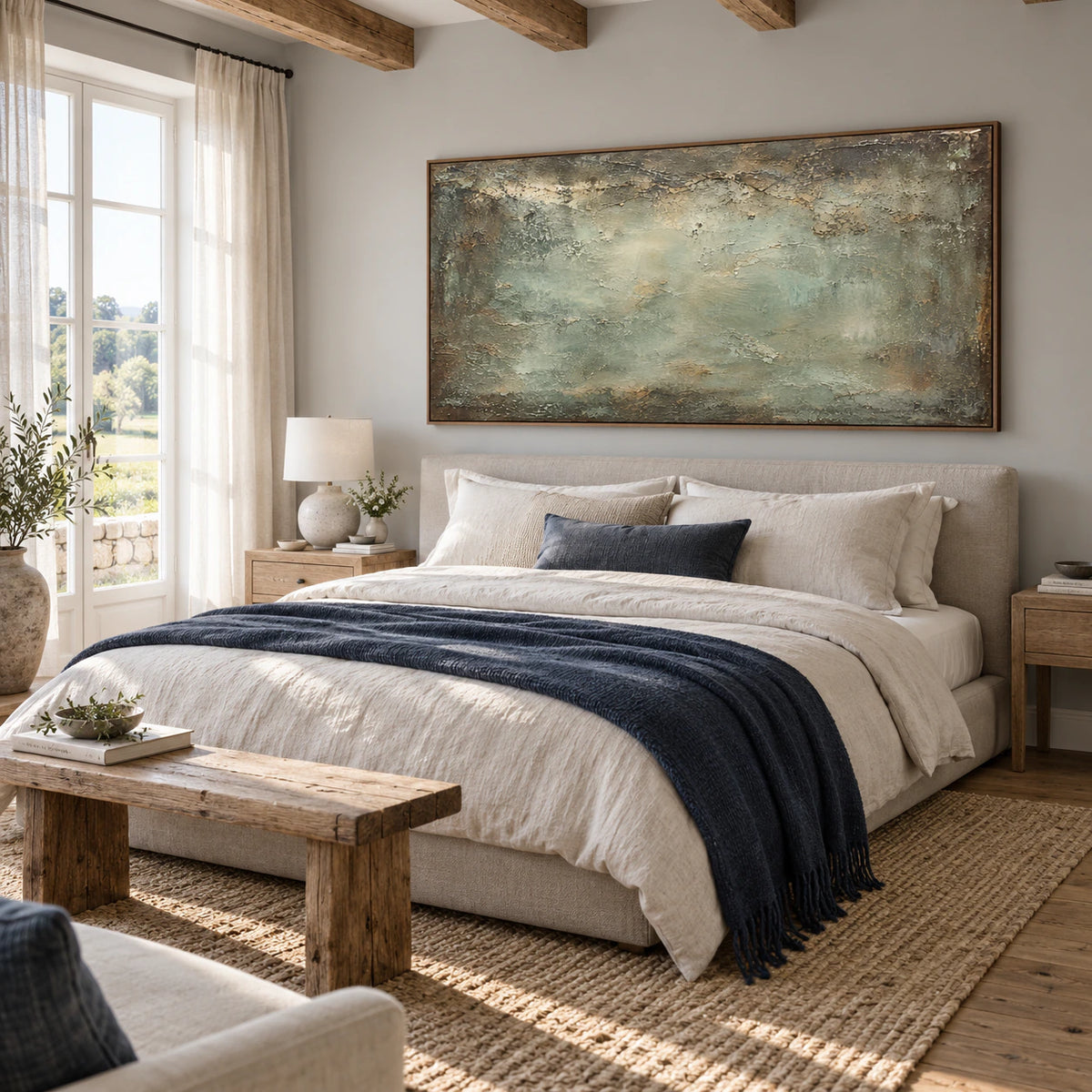 Verdigris-Drift as a calm focal point in a quiet, light-filled bedroom.