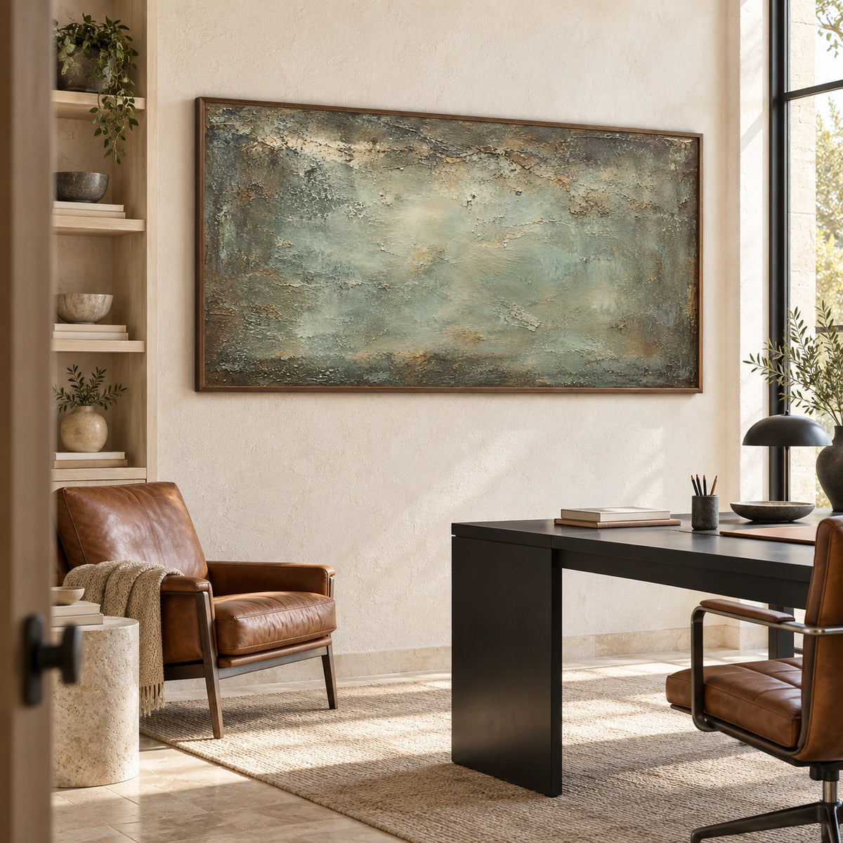 Verdigris-Drift displayed in an airy reading and home-office space.