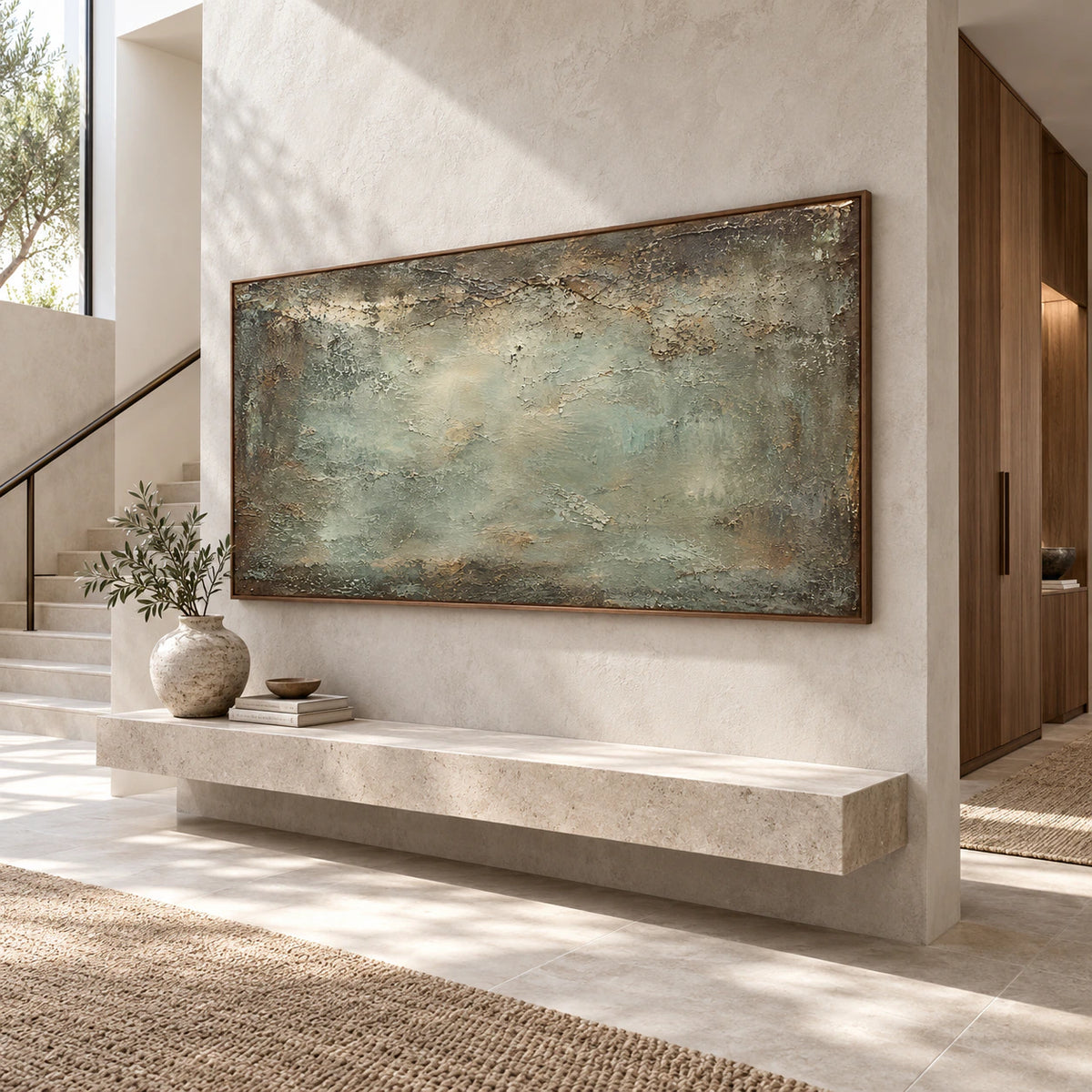 Verdigris-Drift at gallery scale in a sunlit foyer.