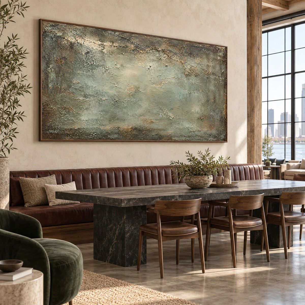 Verdigris-Drift as a large-scale focal artwork in an expansive loft interior.