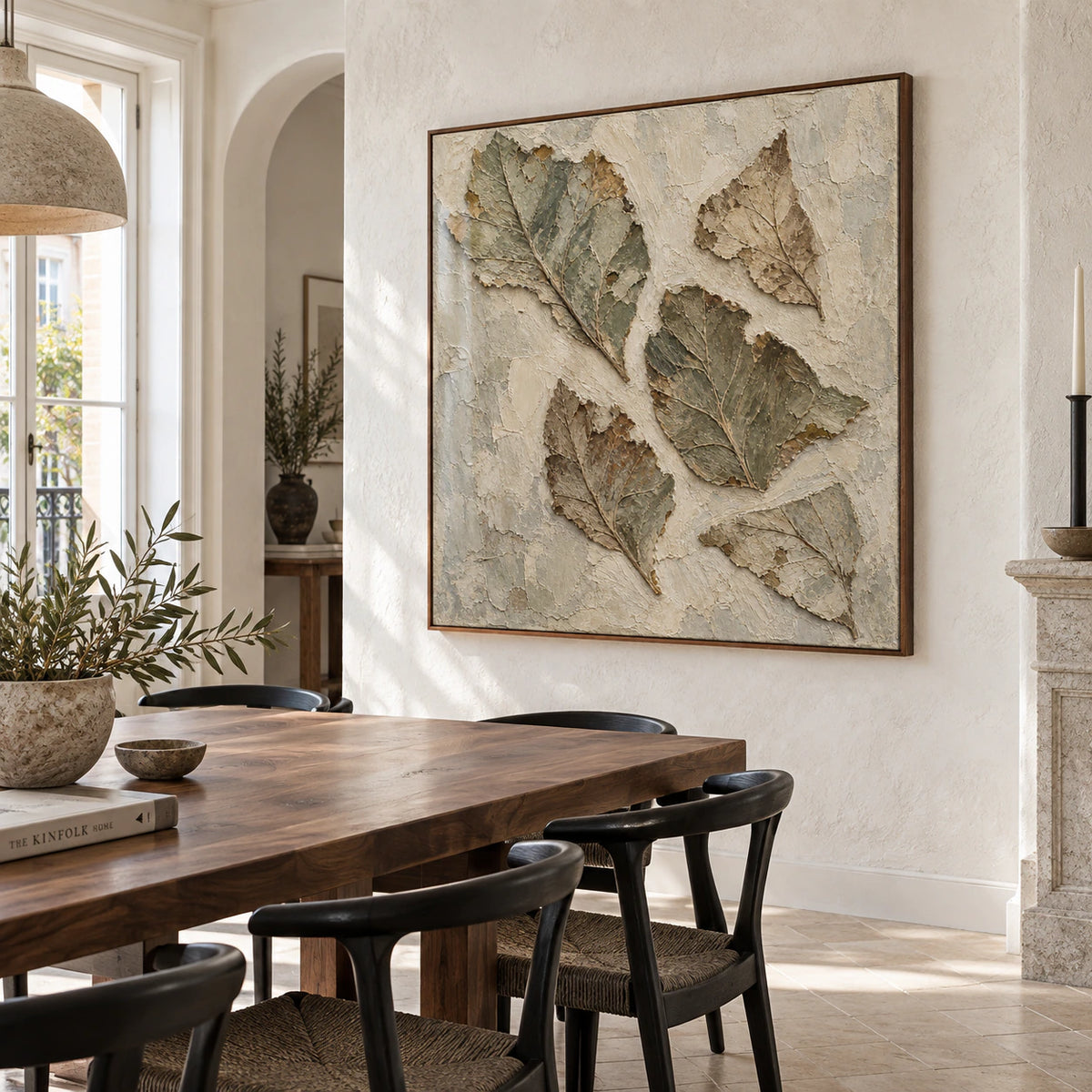 Verdigris-Relief as the focal artwork in a refined daylight-filled dining room.