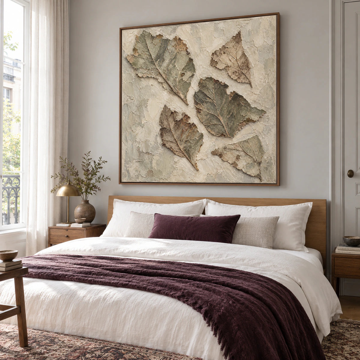 Verdigris-Relief presented above a low bed in a quiet, softly lit bedroom.