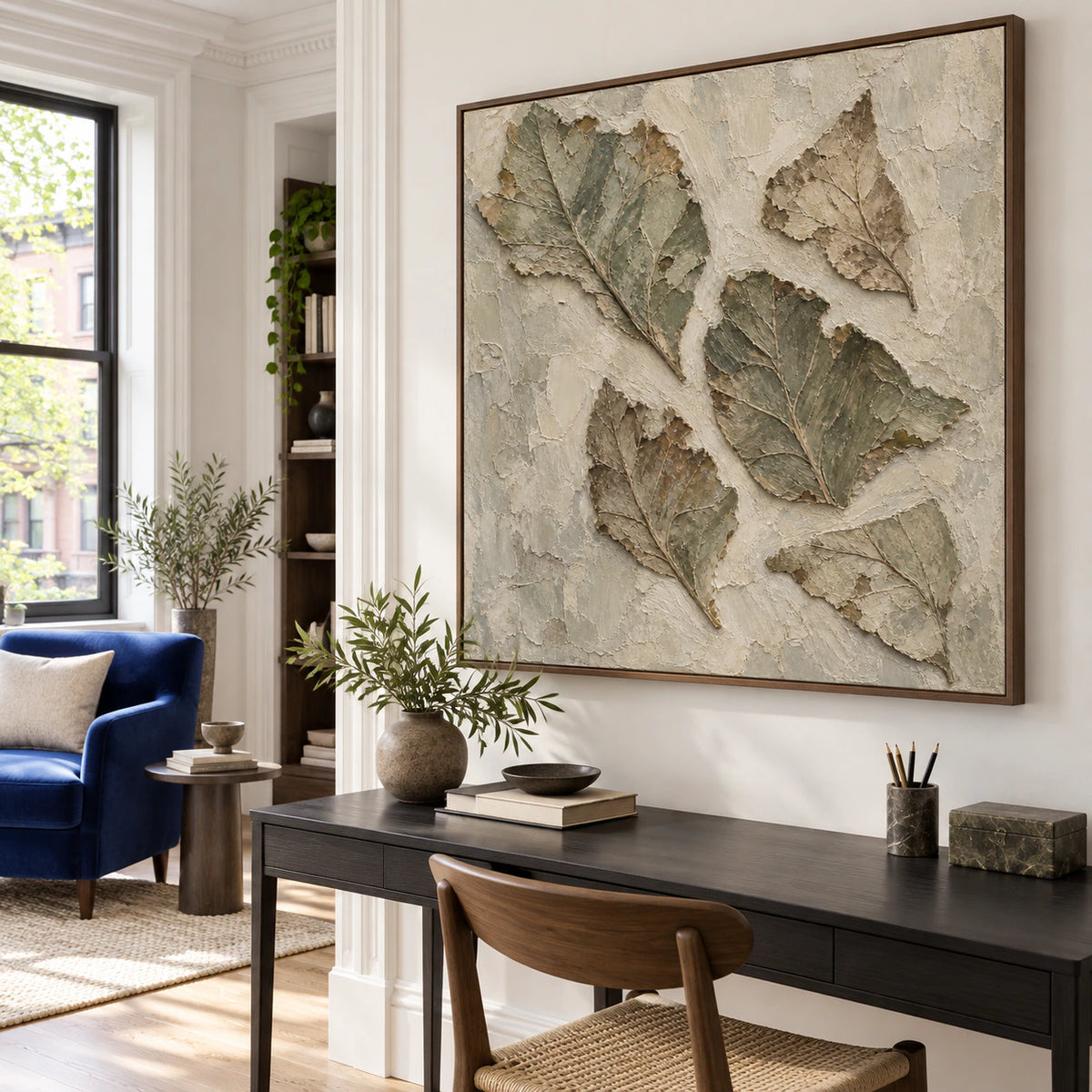 Verdigris-Relief featured in an airy home office reading space with natural daylight.