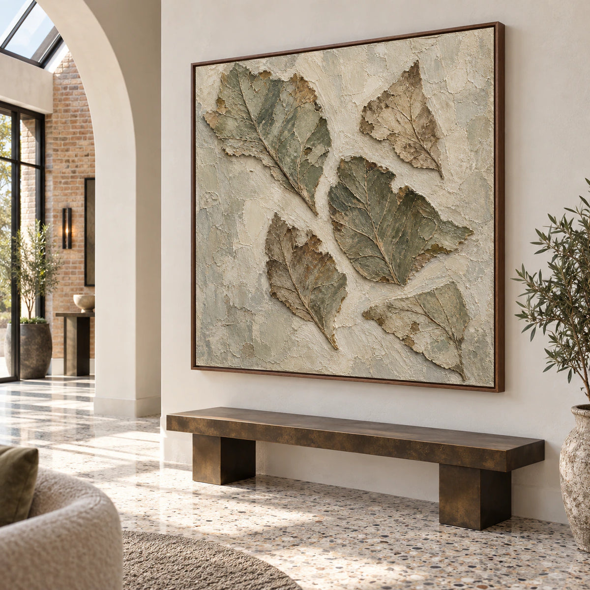 Verdigris-Relief installed at gallery scale in a luminous architectural foyer.