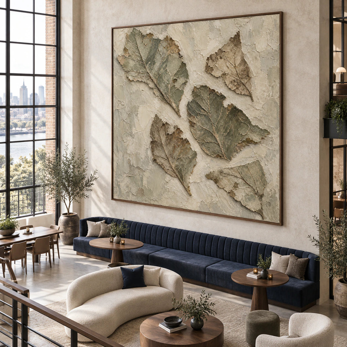 Verdigris-Relief anchoring an expansive, sunlit hospitality loft interior.