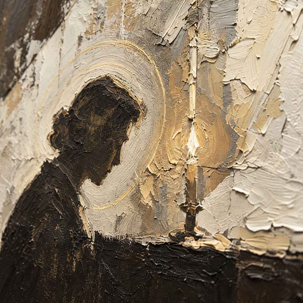 Vesper-Icon oil painting brushwork and impasto detail photographed from an oblique side angle
