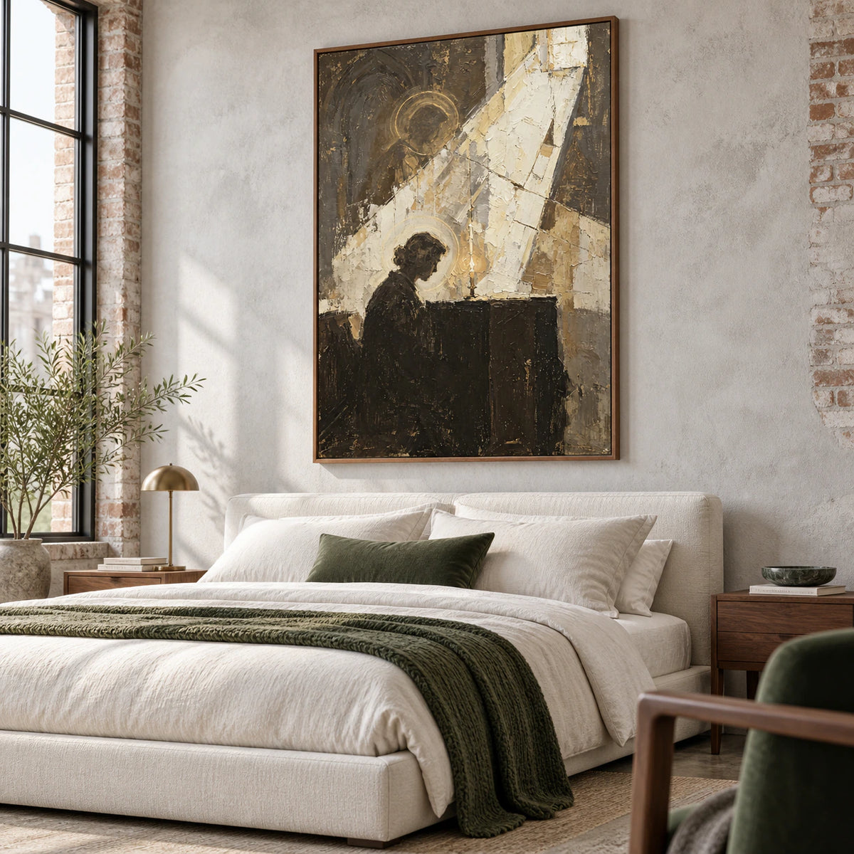 Vesper-Icon displayed above a low bed in a quiet, light-filled bedroom.