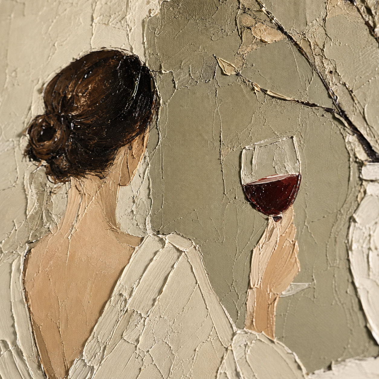Vesper-Repose oil painting brushwork and impasto detail photographed from an oblique side angle