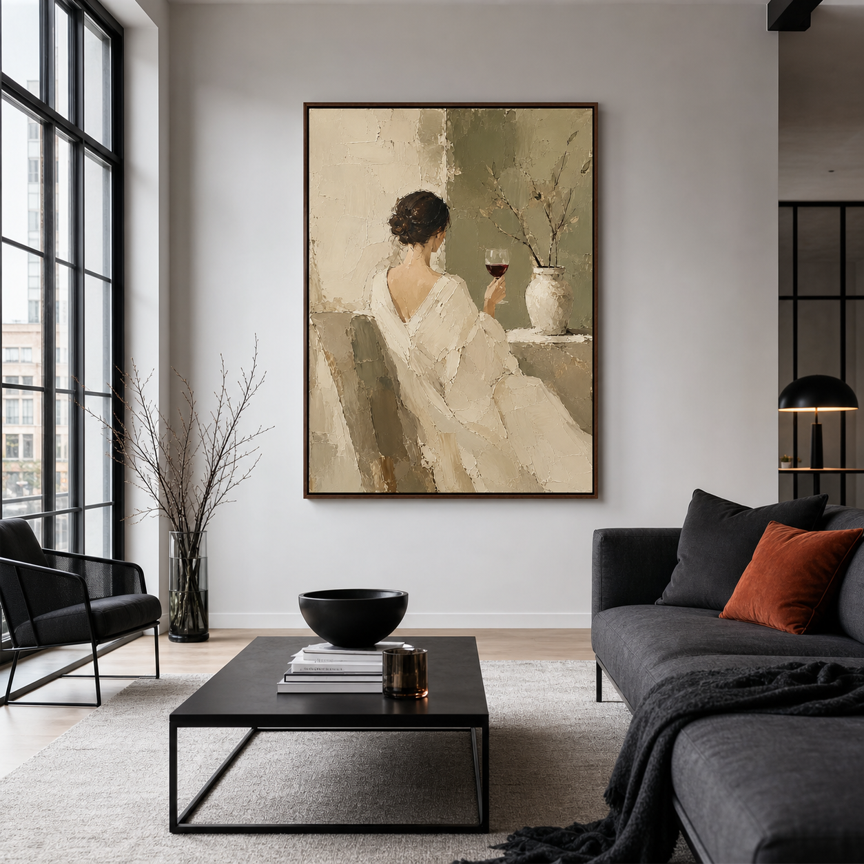 Vesper-Repose displayed prominently above charcoal seating in a bright modern living room.