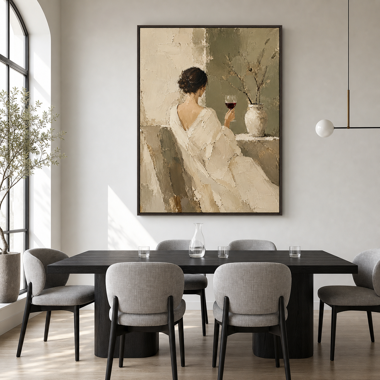 Large Vesper-Repose artwork anchoring a refined dining room with cool gray furnishings.