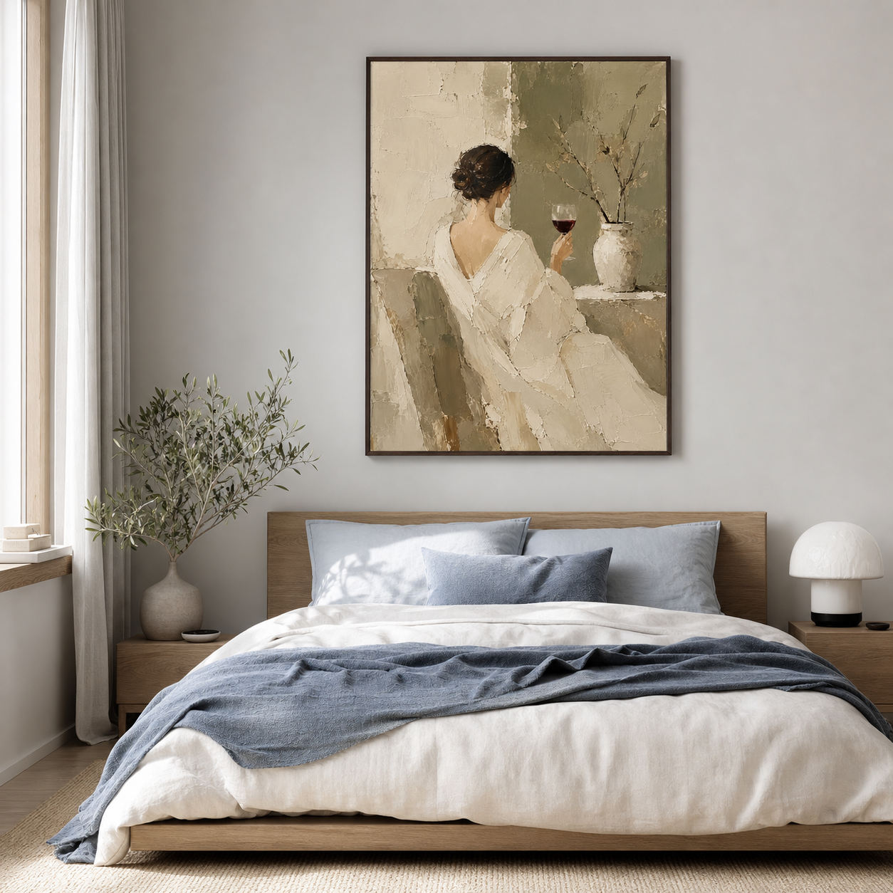 Vesper-Repose above a quiet bed dressed in contrasting smoke-blue and white linens.