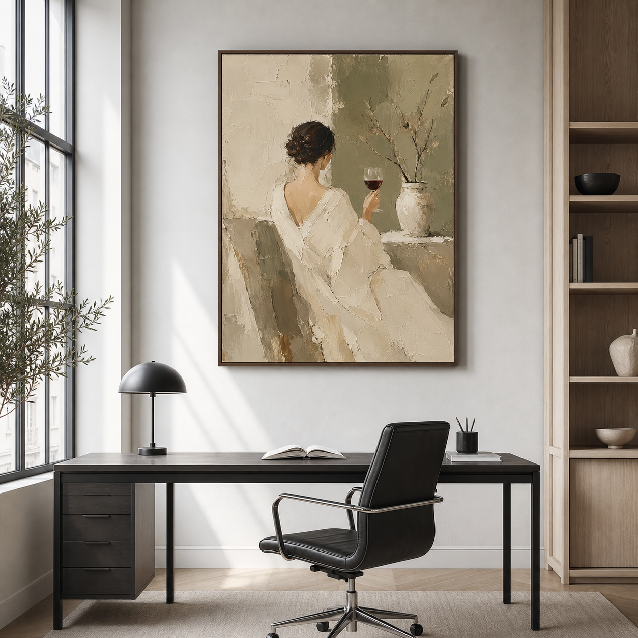 Large Vesper-Repose artwork commanding an airy home office with restrained dark furniture.