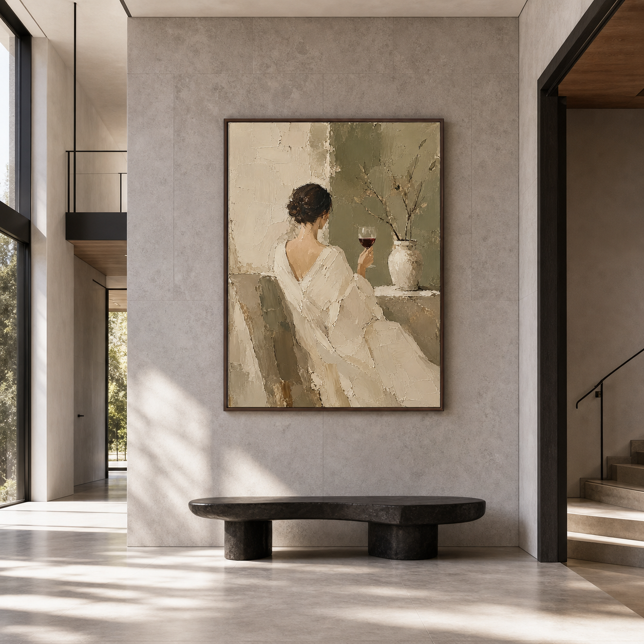 Vesper-Repose presented at gallery scale in a bright architectural foyer.