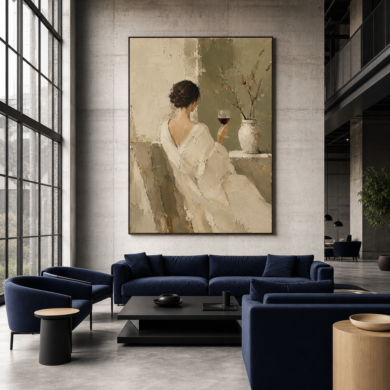 Large Vesper-Repose artwork defining an expansive daylight-filled loft lounge.