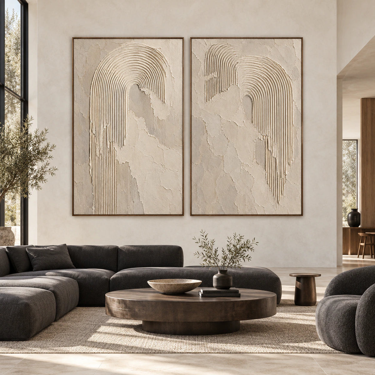 Large straight-on living space featuring the Vestige-Arc diptych in matching slim walnut frames.