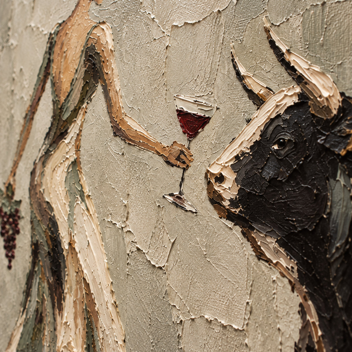 Vine-Encounter oil painting brushwork and impasto detail photographed from an oblique side angle