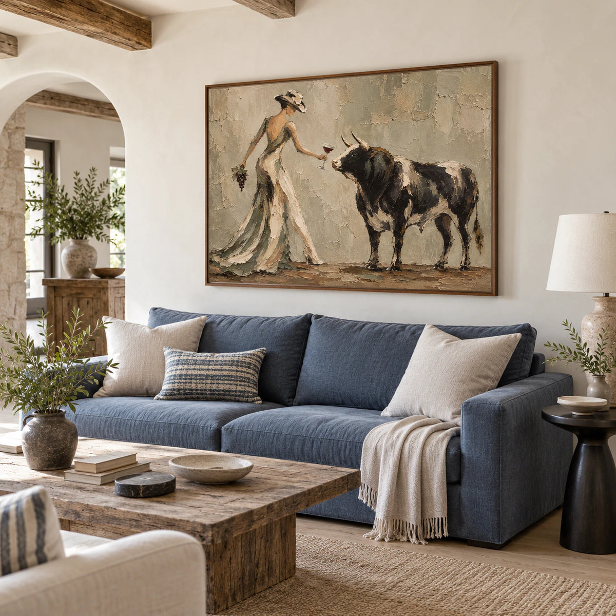 Vine-Encounter above a restrained sofa in a bright contemporary living room.