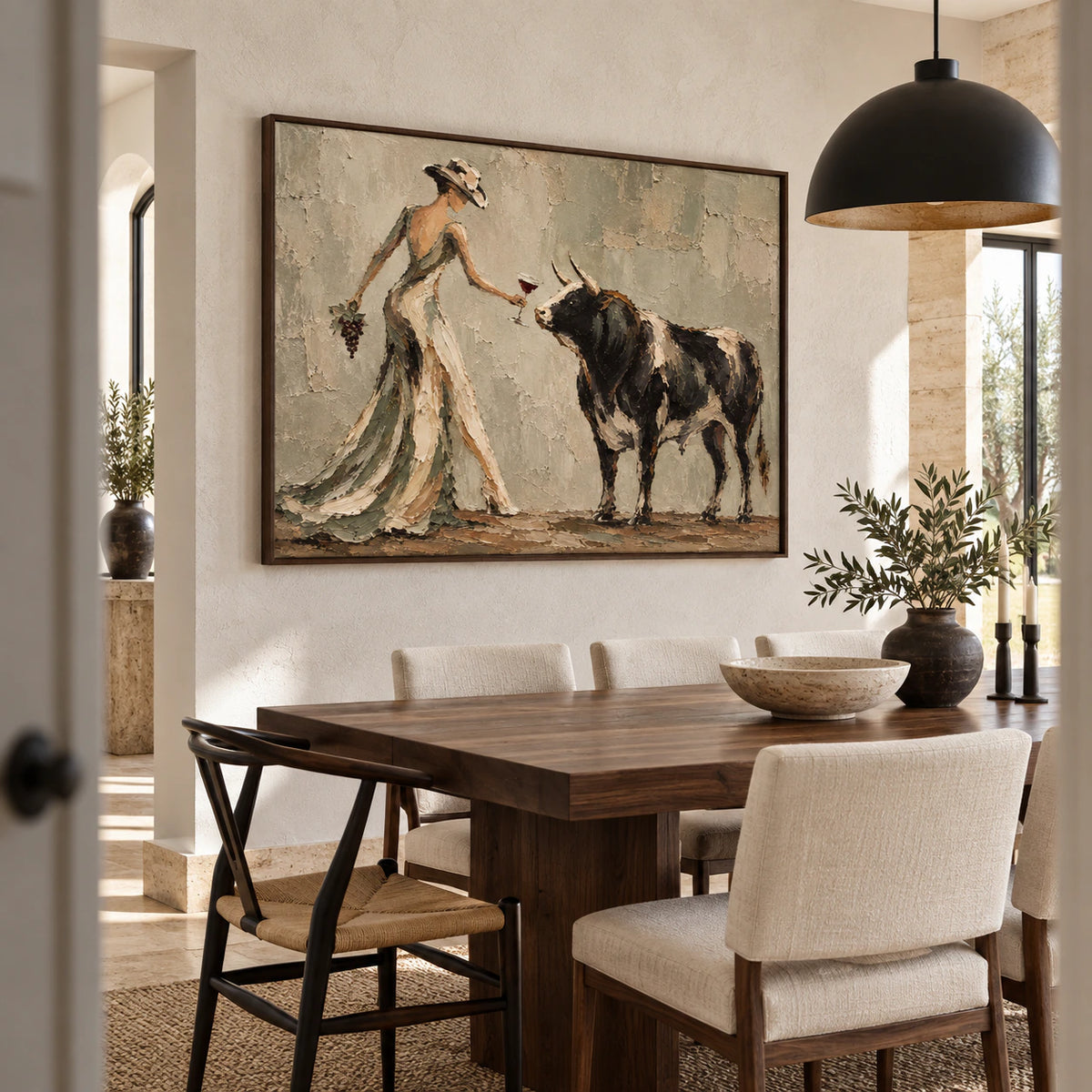 Vine-Encounter as the focal artwork in a refined daylight dining room.
