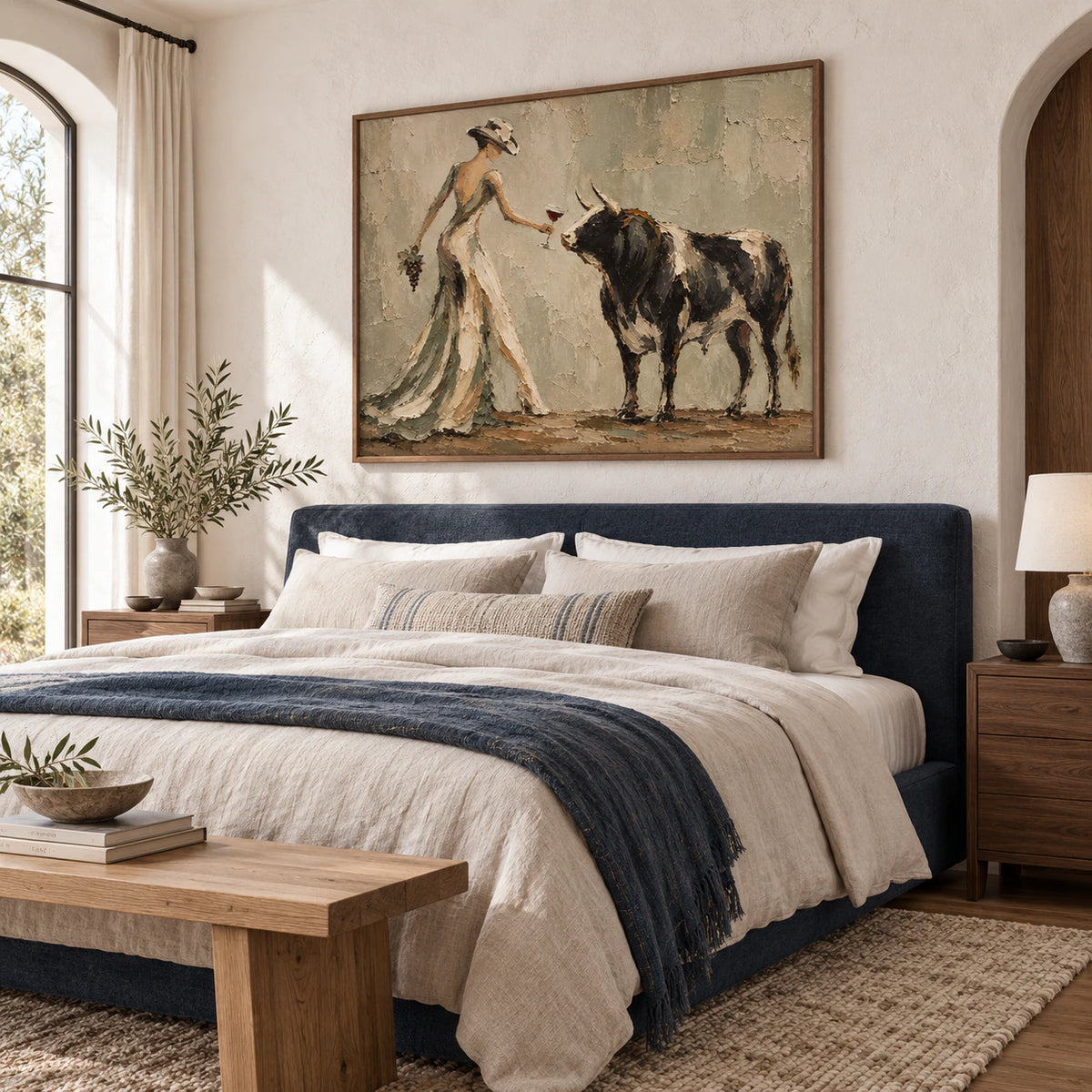 Vine-Encounter displayed above a low bed in a calm, softly lit bedroom.