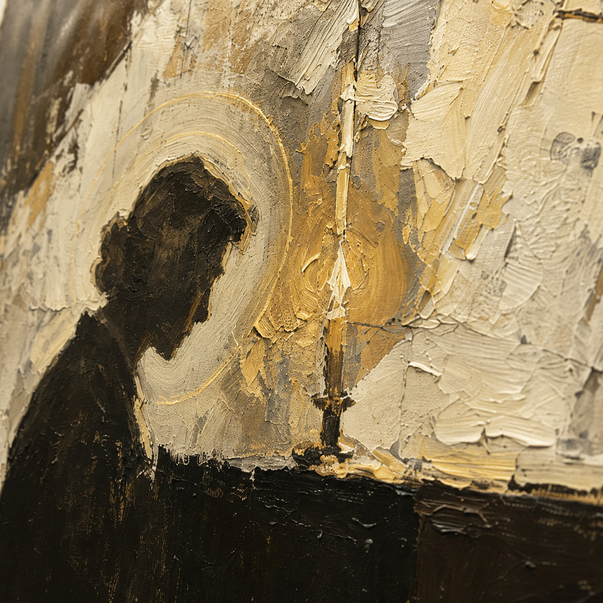 Votive-Silhouette oil painting brushwork and impasto detail photographed from an oblique side angle