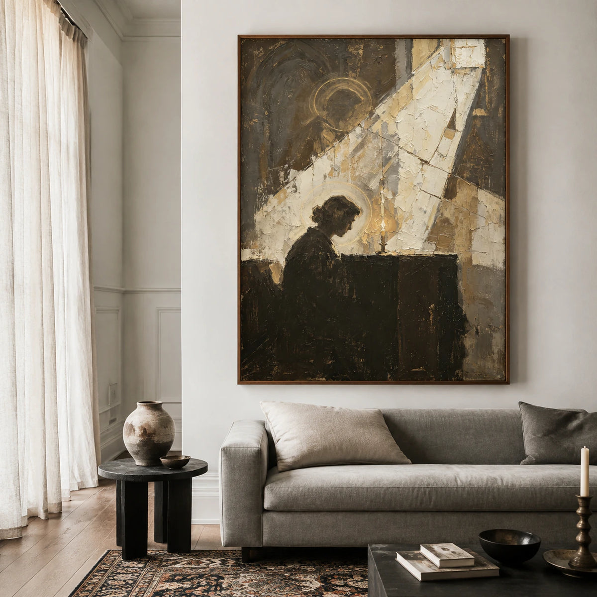 Votive-Silhouette as a large focal artwork in a bright contemporary living room.