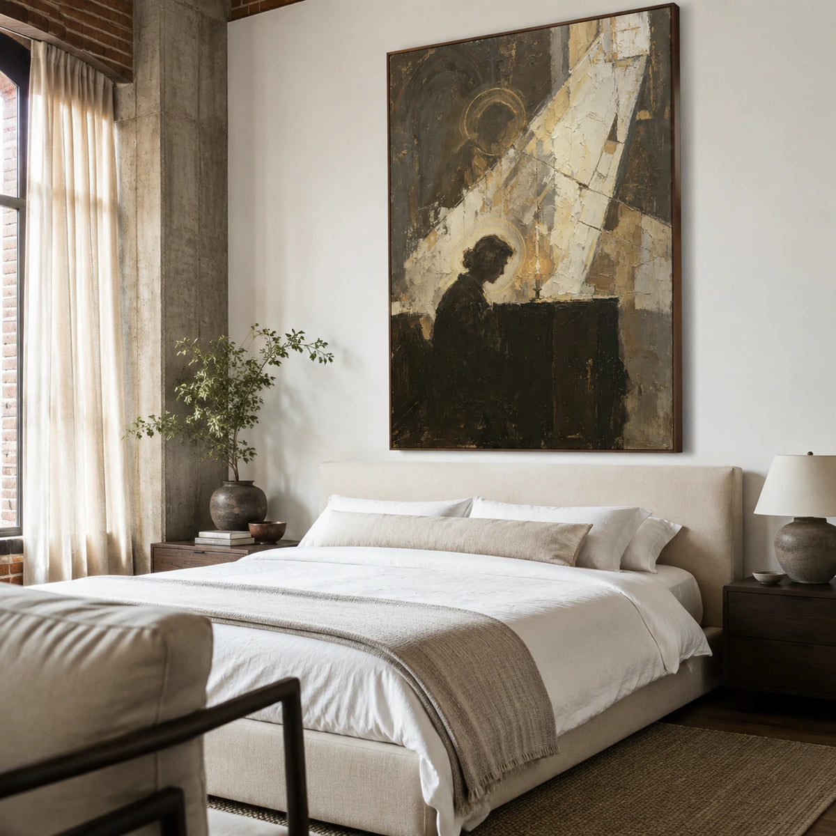 Votive-Silhouette as a quiet, large-scale focal point in a serene bedroom.