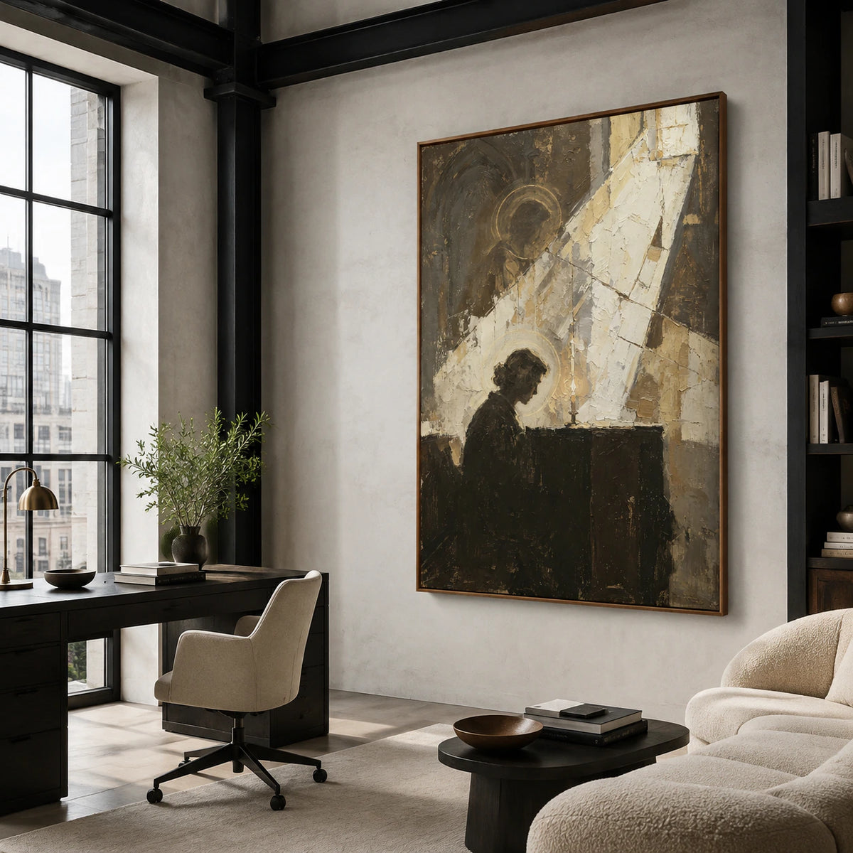 Votive-Silhouette displayed prominently in an airy home office reading space.