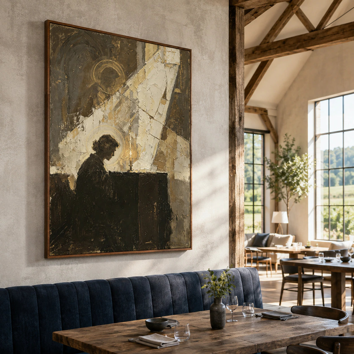 Votive-Silhouette shown as a commanding artwork in an expansive loft hospitality interior.