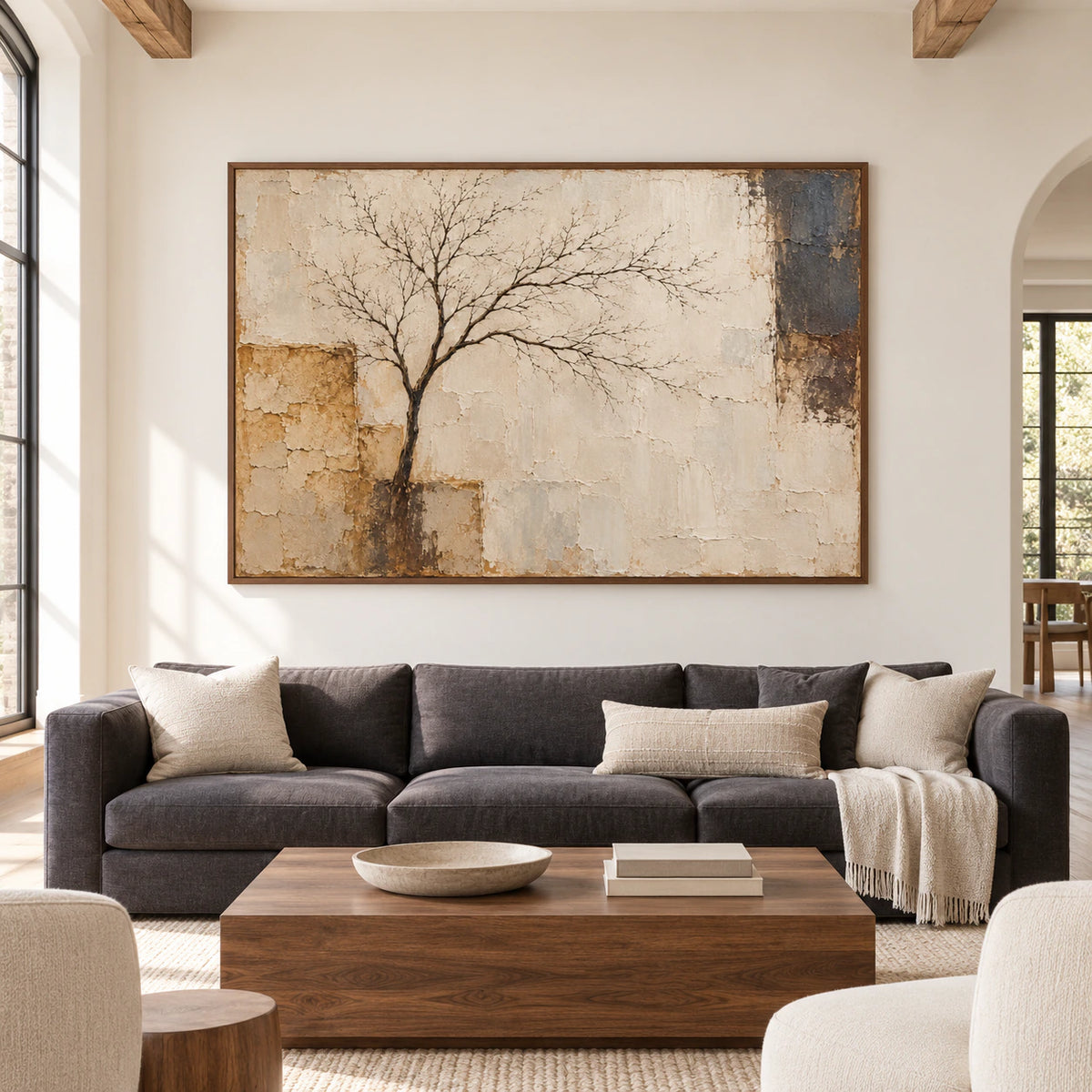Weathered-Arbor in a slim frame on a broad warm-white wall, viewed straight-on in a spacious, sunlit living room with sparse neutral furnishings.