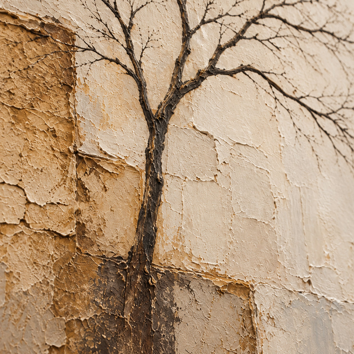 Oblique close-up of Weathered-Arbor's painted surface, with grazing light revealing raised texture and shallow shadows in a square crop.