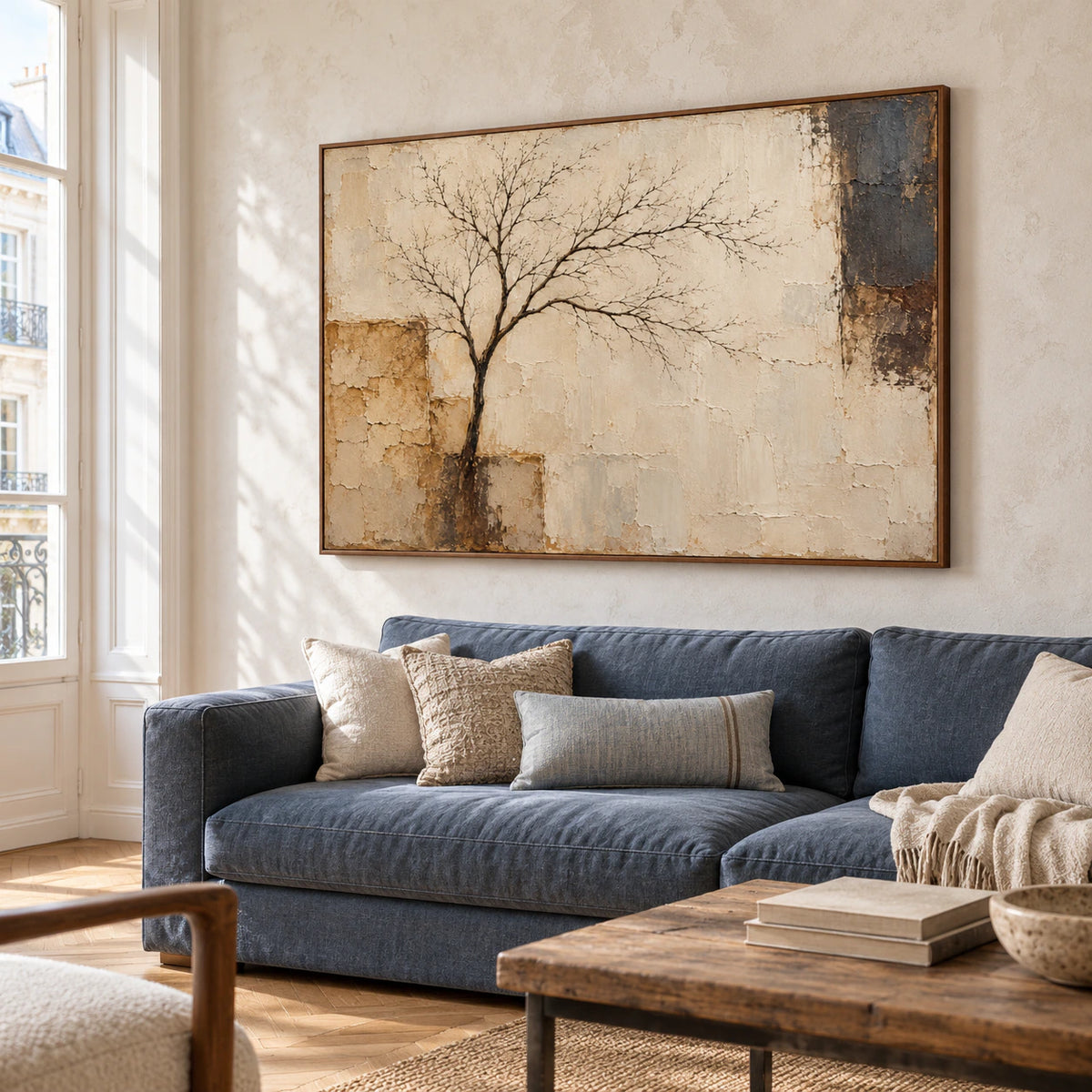 Weathered-Arbor above a low slate-blue sofa, viewed from the left in a bright living room with a pale limestone floor and side-window daylight.