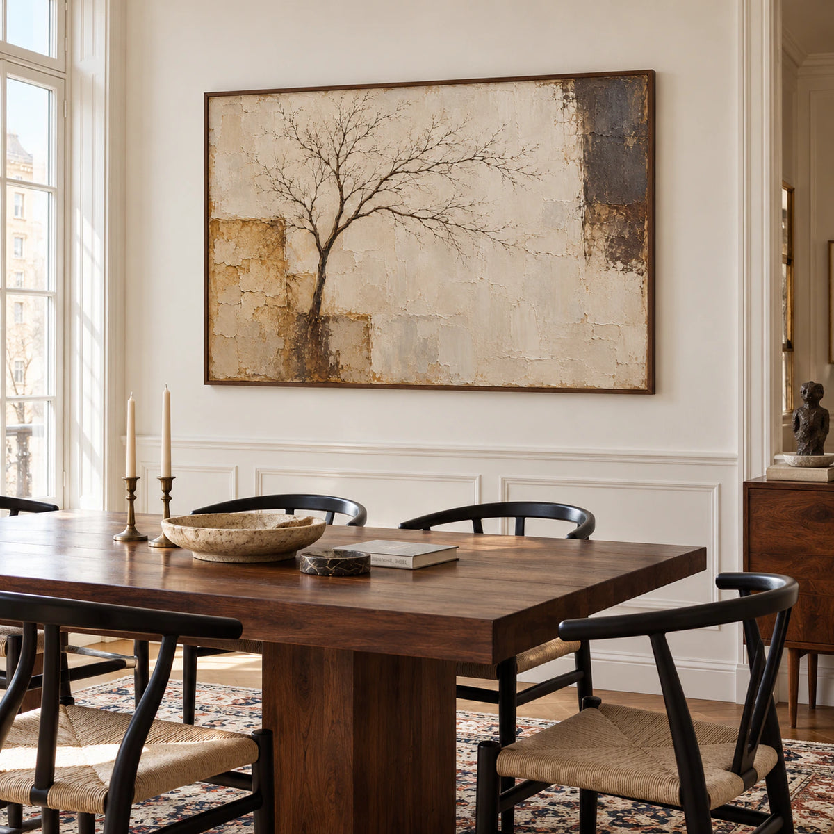 Weathered-Arbor on a soft white dining room wall, viewed from the right with a dark walnut table, black chairs and tall windows.
