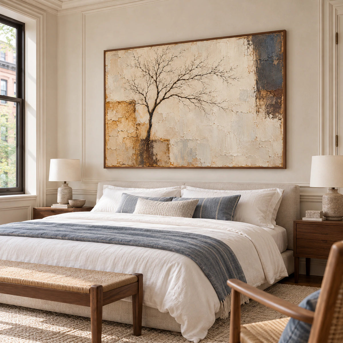 Weathered-Arbor above a low bed with white bedding and blue-gray accents, viewed from a slightly elevated left angle in morning light.