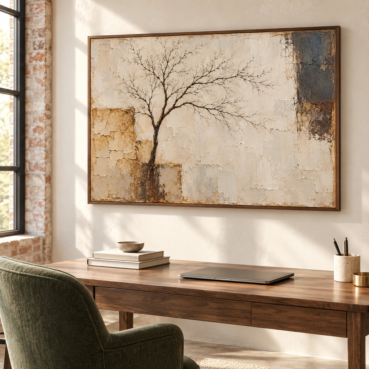 Weathered-Arbor centered above a compact desk, viewed from the right near desk height in a bright office with a dark green reading chair.