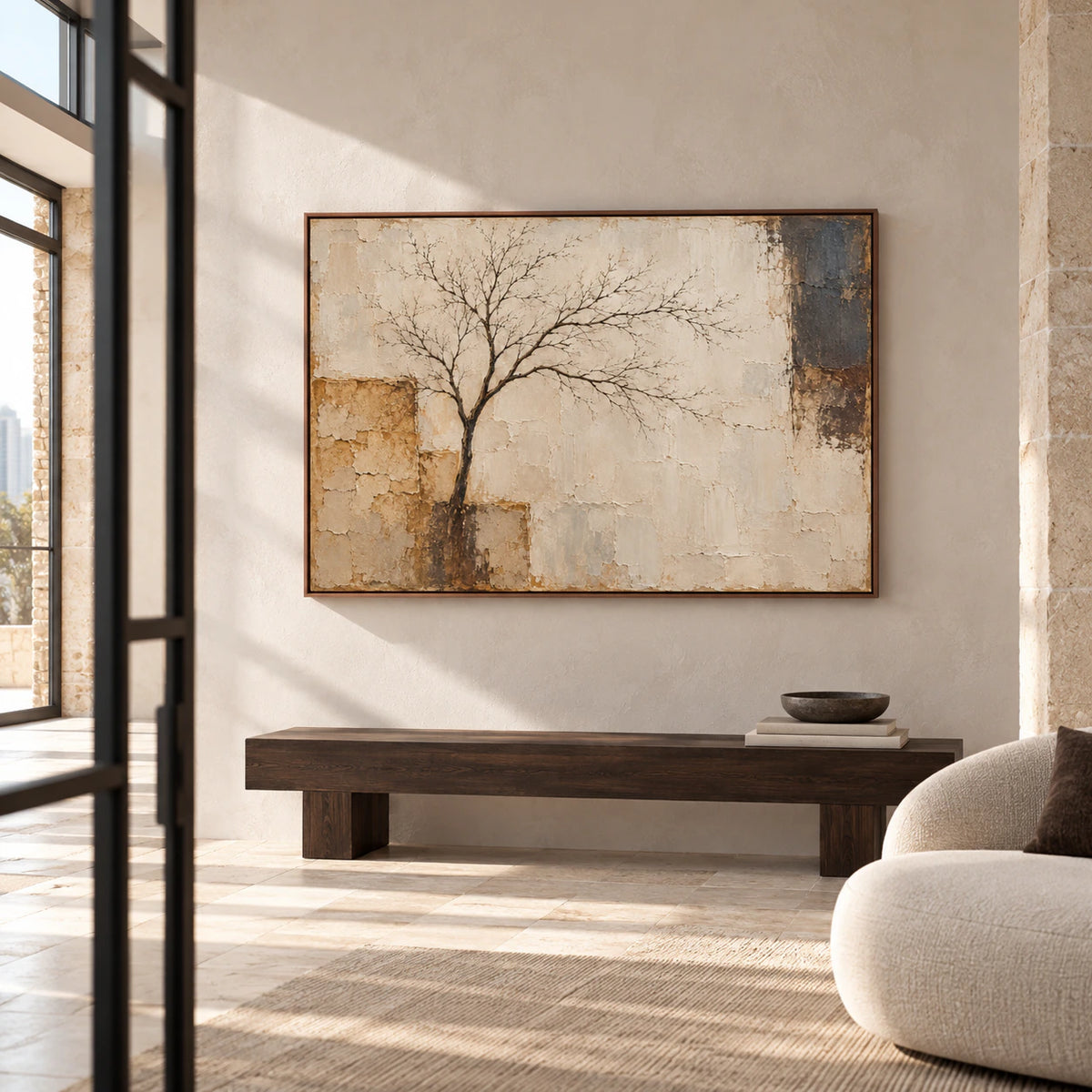 Weathered-Arbor in a fine dark frame on a tall pale stone foyer wall, viewed from a low left angle with a dark wood bench and upper-window daylight.