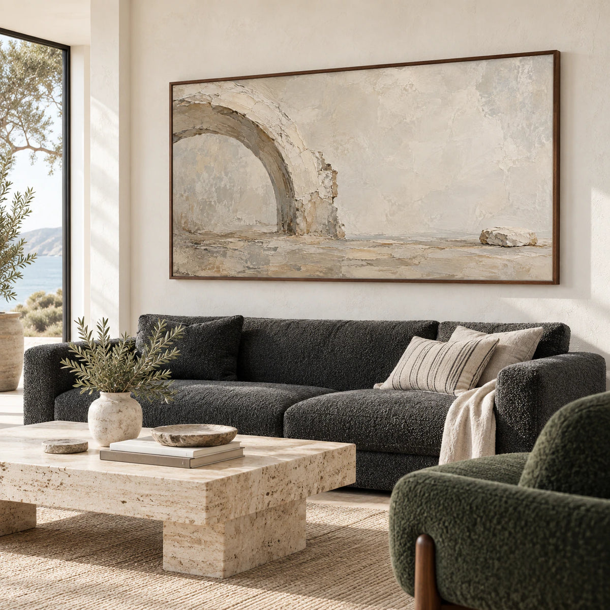 Weathered-Arc as the focal point above a sofa in a bright living room.