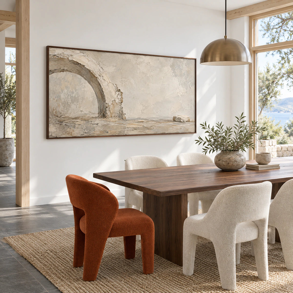 Weathered-Arc displayed prominently in a refined daylight-filled dining room.