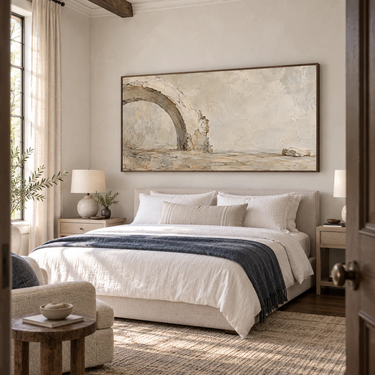 Weathered-Arc bringing quiet architectural texture to a serene bedroom.