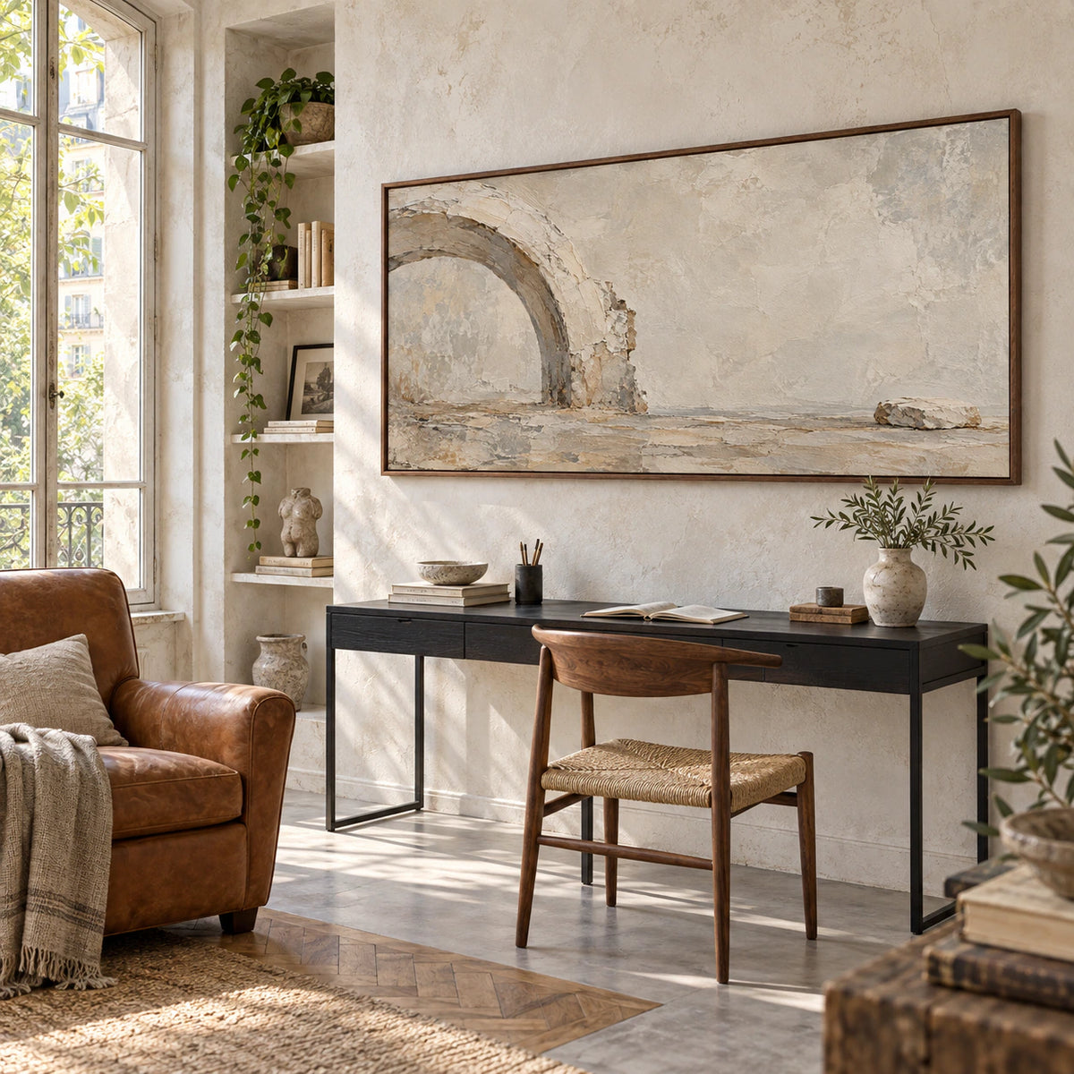 Weathered-Arc featured at large scale in an airy home office reading space.