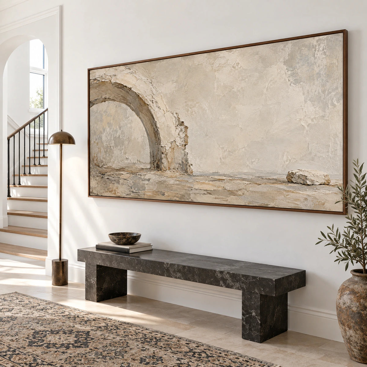 Weathered-Arc installed as a gallery-scale focal point in a bright foyer.