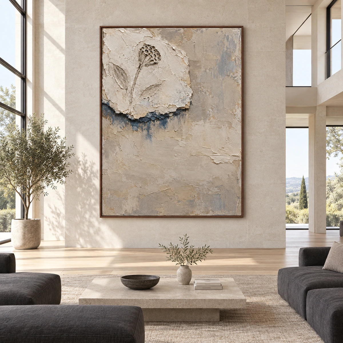 Weathered-Bloom displayed at large scale in a spacious sunlit architectural interior.