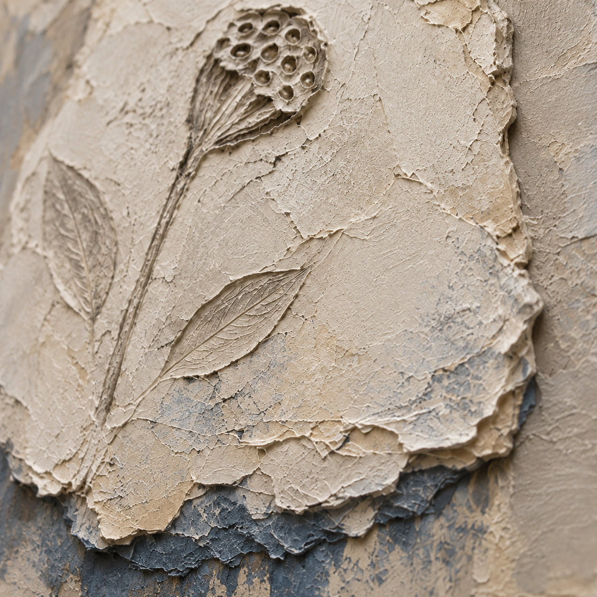 Weathered-Bloom oil painting brushwork and impasto detail photographed from an oblique side angle