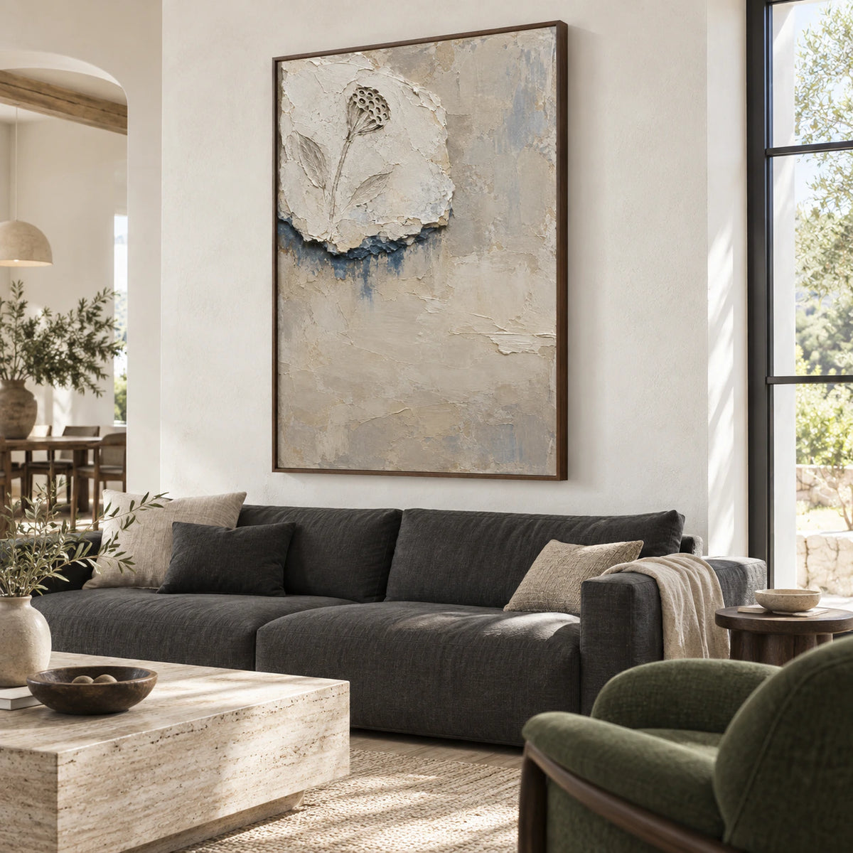 Weathered-Bloom above a restrained bright living-room seating arrangement.